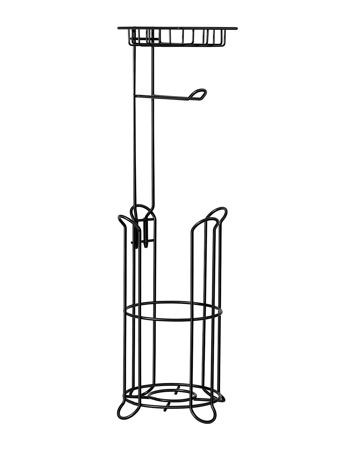 Front. VEVOR - Free Standing Toilet Paper Holder with Shelf, 3-in-1 Premium Metal Material, Store Up to 4 Mega Rolls - Matte Black.