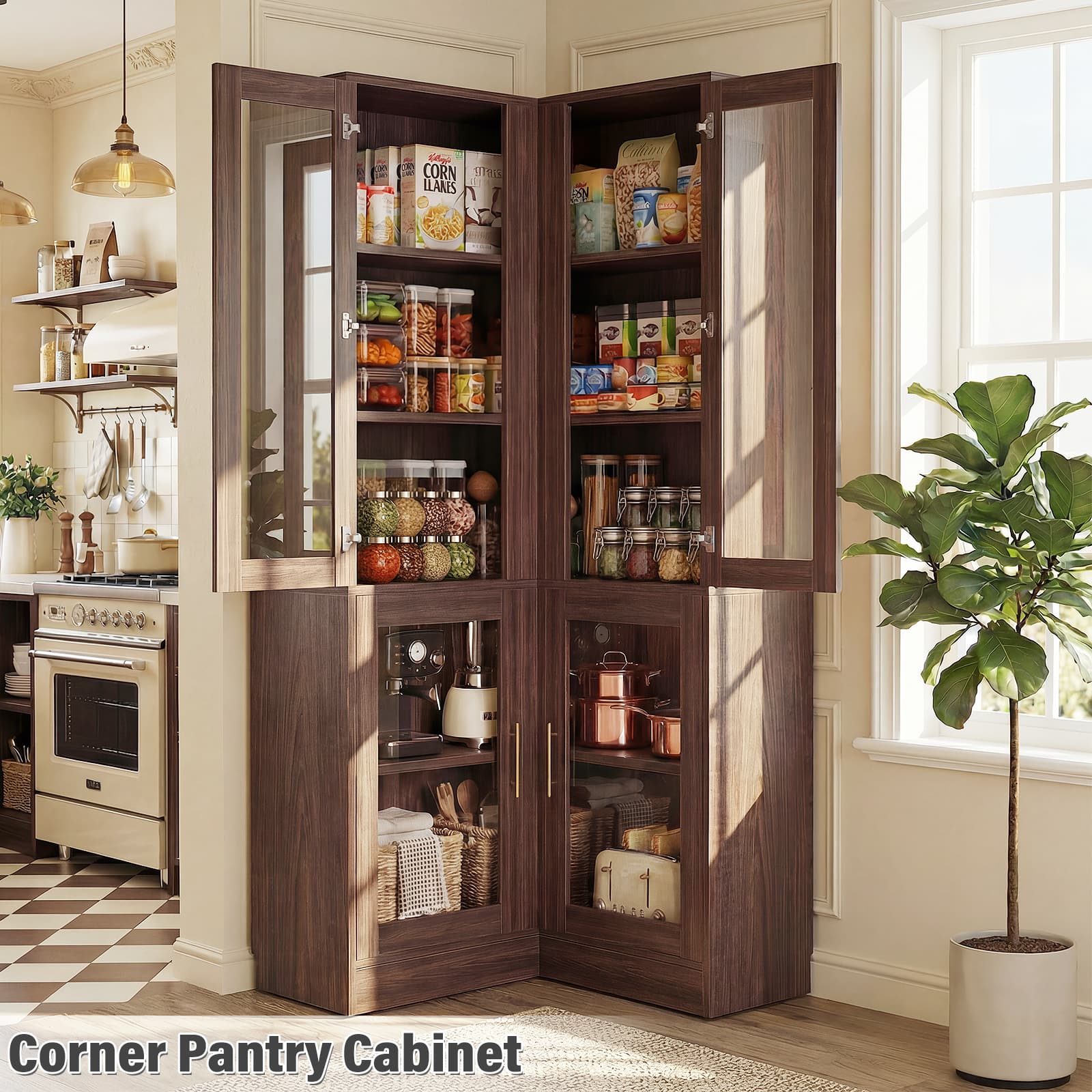 Aheaplus - 70'' Tall Corner Pantry Cabinet, L Shaped Kitchen Hutch Cabinet with LED Lights, Glass Doors & Adjustable Shelves - Walnut