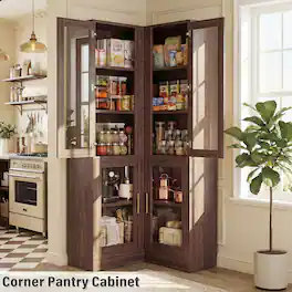 Aheaplus - 70'' Tall Corner Pantry Cabinet, L Shaped Kitchen Hutch Cabinet with LED Lights, Glass Doors & Adjustable Shelves - Walnut