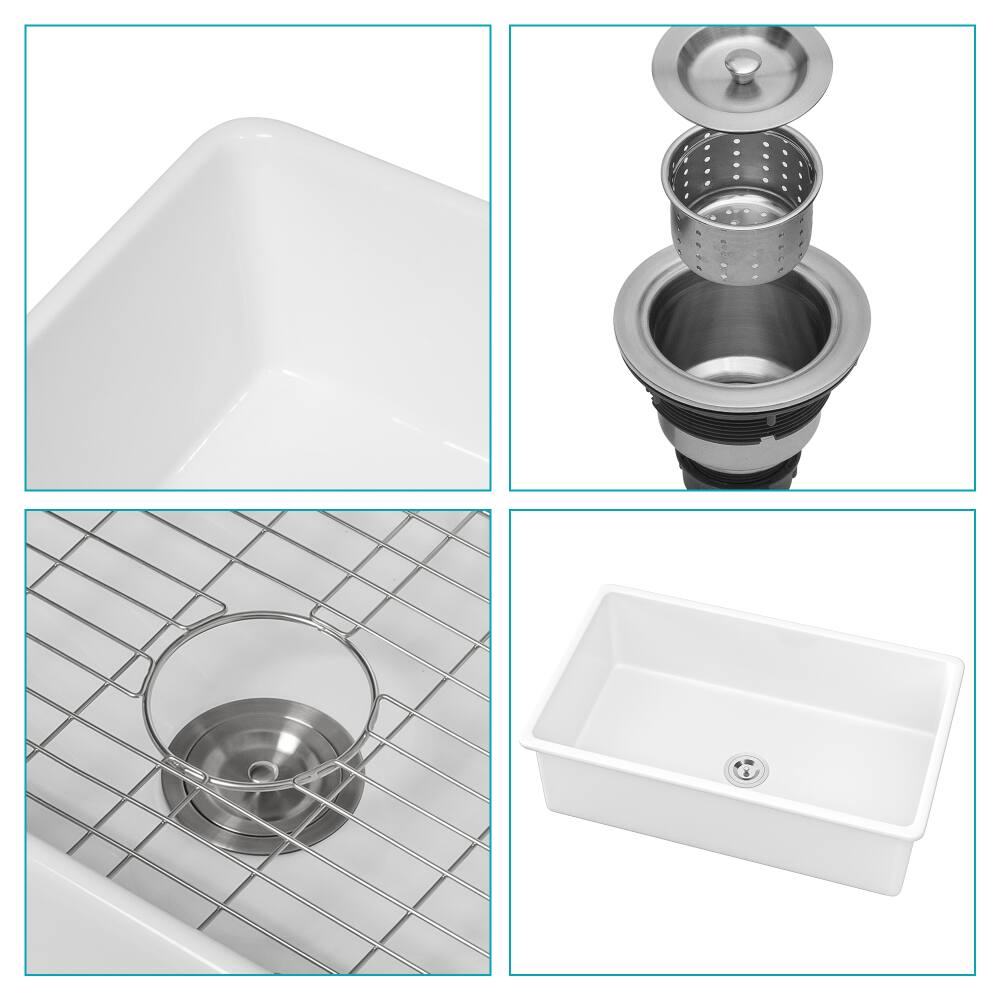 Alt View 2. JUJABU - 32"x19"x10" Undermount Single Bowl Porcelain Fireclay Kitchen Sink - White.