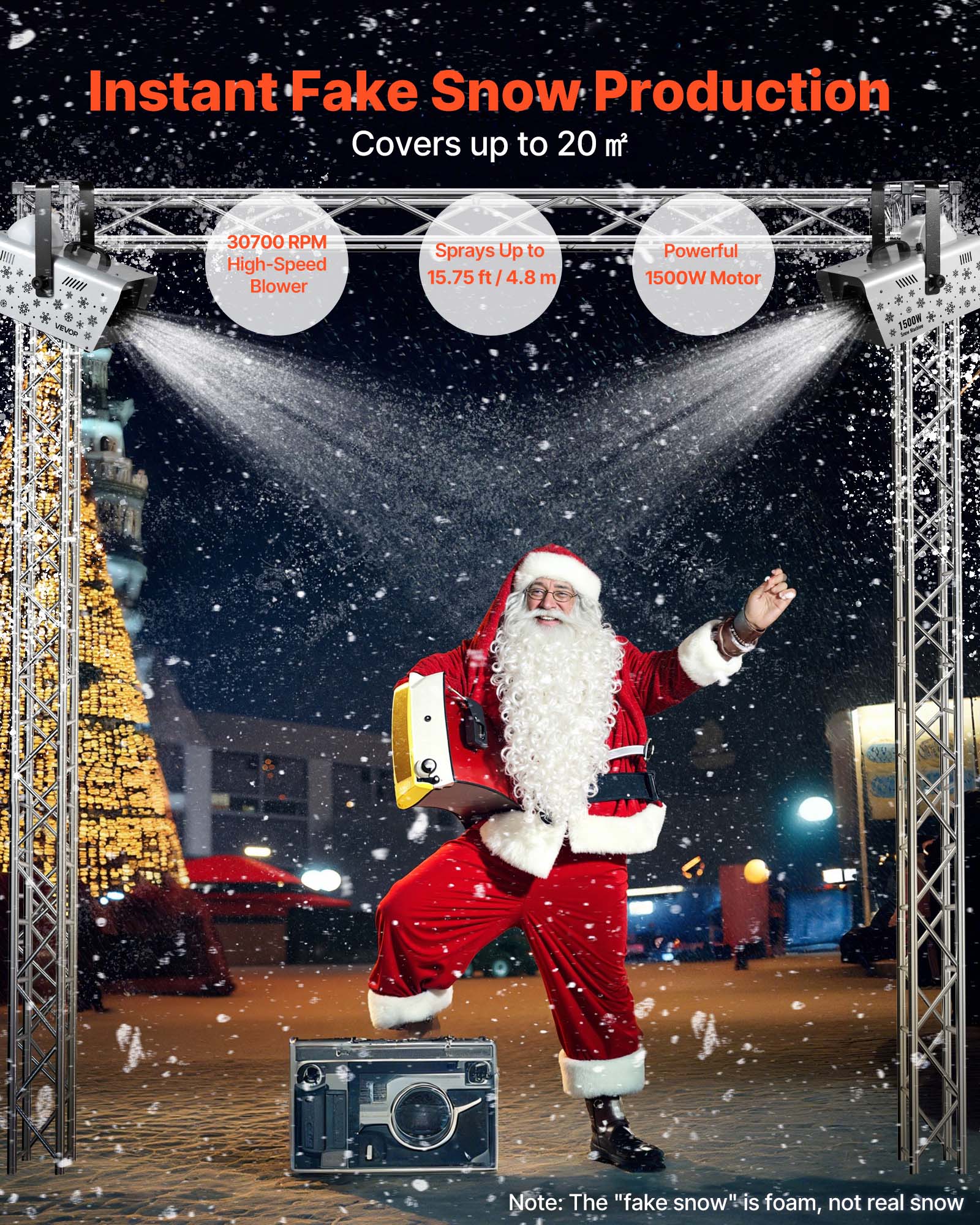 Instant Fake Snow Production Covers up to 20 m²

30700 RPM High-Speed Blower

Sprays Up to 15.75 ft/4.8 m

Powerful 1500W Motor

Note: The "fake snow" is foam, not real snow