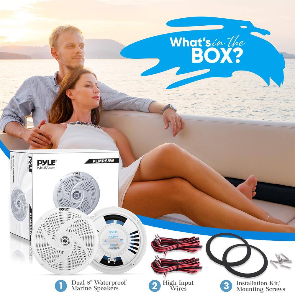 What's in the BOX?

1. Dual 8" Waterproof Marine Speakers
2. High Input Wires
3. Installation Kit/Mounting Screws

PYLE
PYLEUSA.com
PLMRS8W