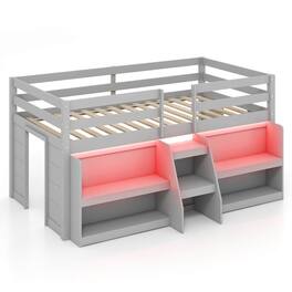 Gymax - Twin Size Loft Bed w/ LED Lights Staircase & Safety Guardrail Under-bed Storage Grey - Gray