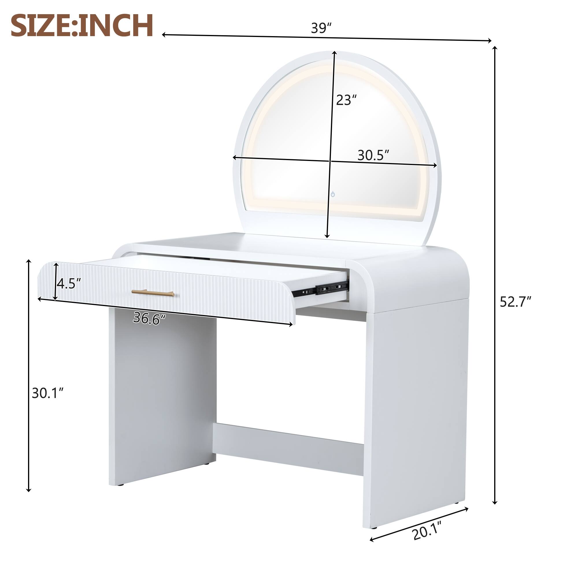 SIZE: INCH  
- Width: 39"  
- Depth: 23"  
- Height: 52.7"  
- Seat Height: 30.5"  
- Seat Depth: 30.1"  
- Armrest Height: 4.5"  
- Armrest Width: 36.6"  
- Base Width: 20.1"
