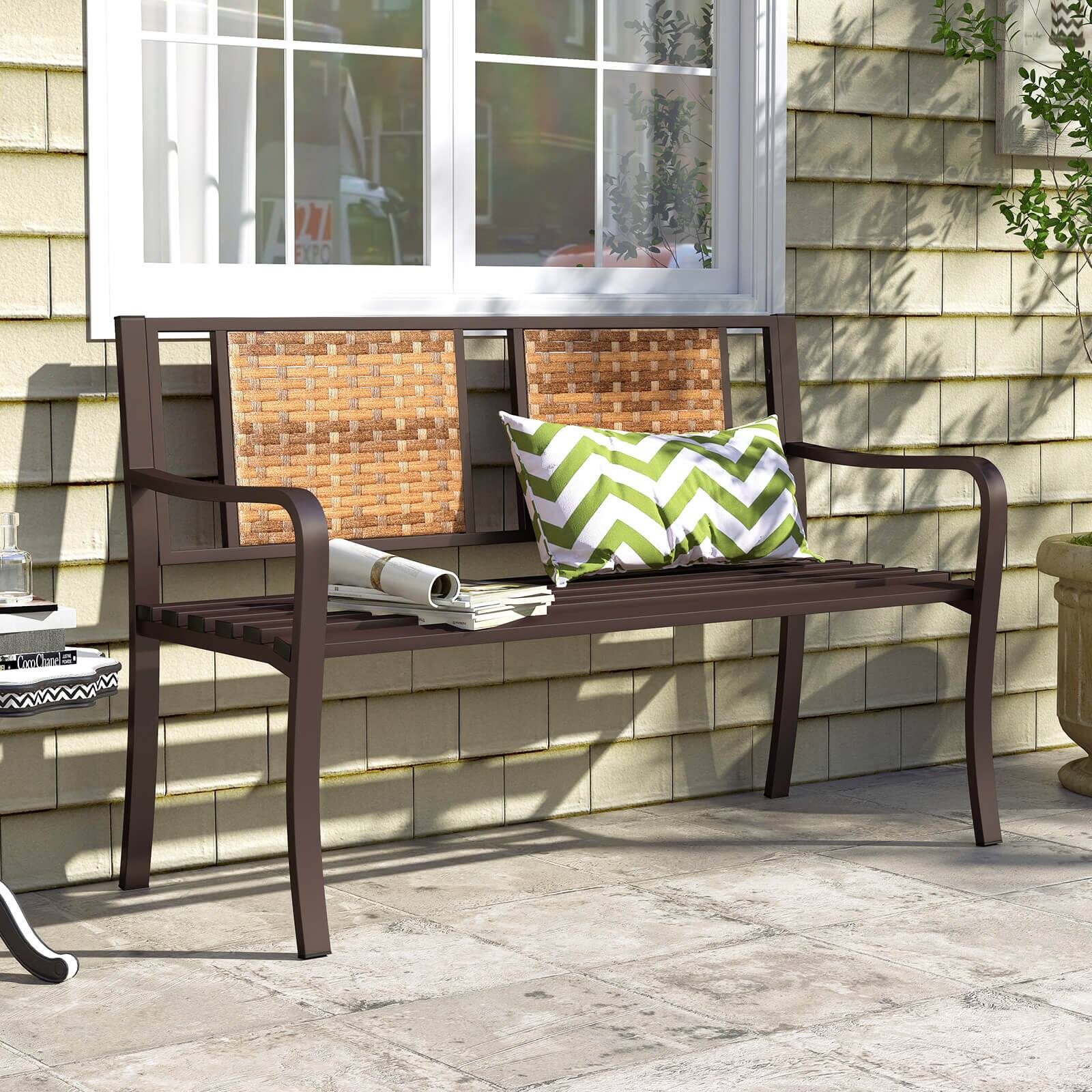 Alt View 1. Costway - Costway 51" Patio Metal Bench for 2-3 with Rattan Backrest & Curved Armrests for Backyard - Brown.