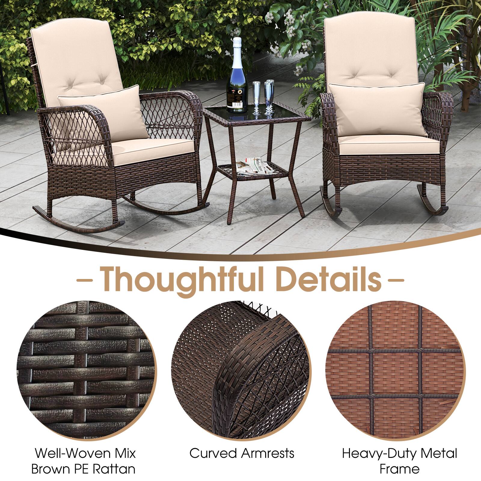 - Thoughtful Details -  
Well-Woven Mix Brown PE Rattan  
Curved Armrests  
Heavy-Duty Metal Frame