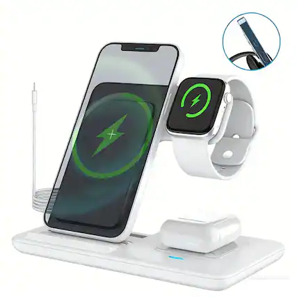 Front. SKRAN - 3-in-1 Fast Charging Wireless Charger for Apple - Use for Phones, Watches and Earphones Foldable Wireless Charger - White.
