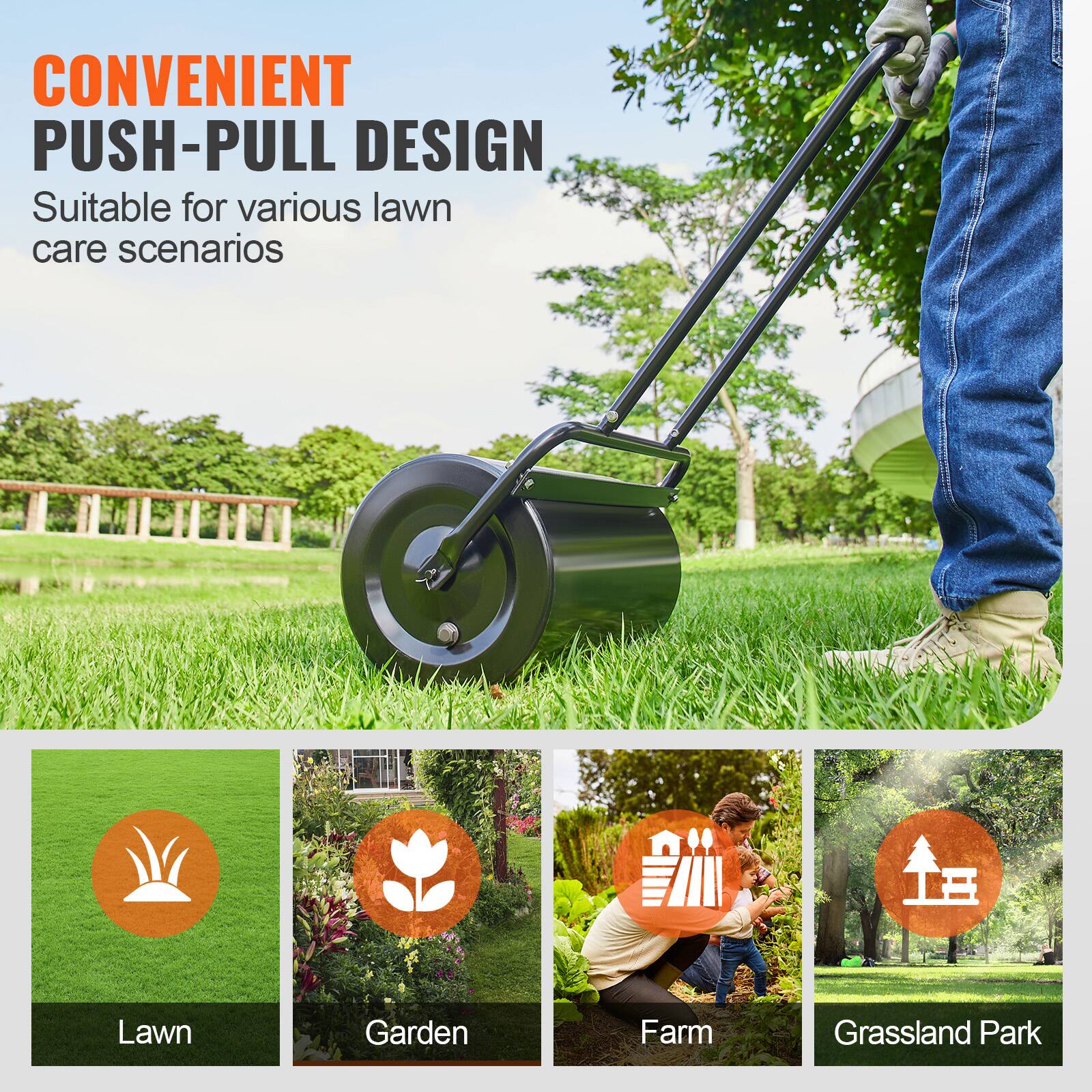 CONVENIENT PUSH-PULL DESIGN  
Suitable for various lawn care scenarios  

Lawn  
Garden  
Farm  
Grassland Park