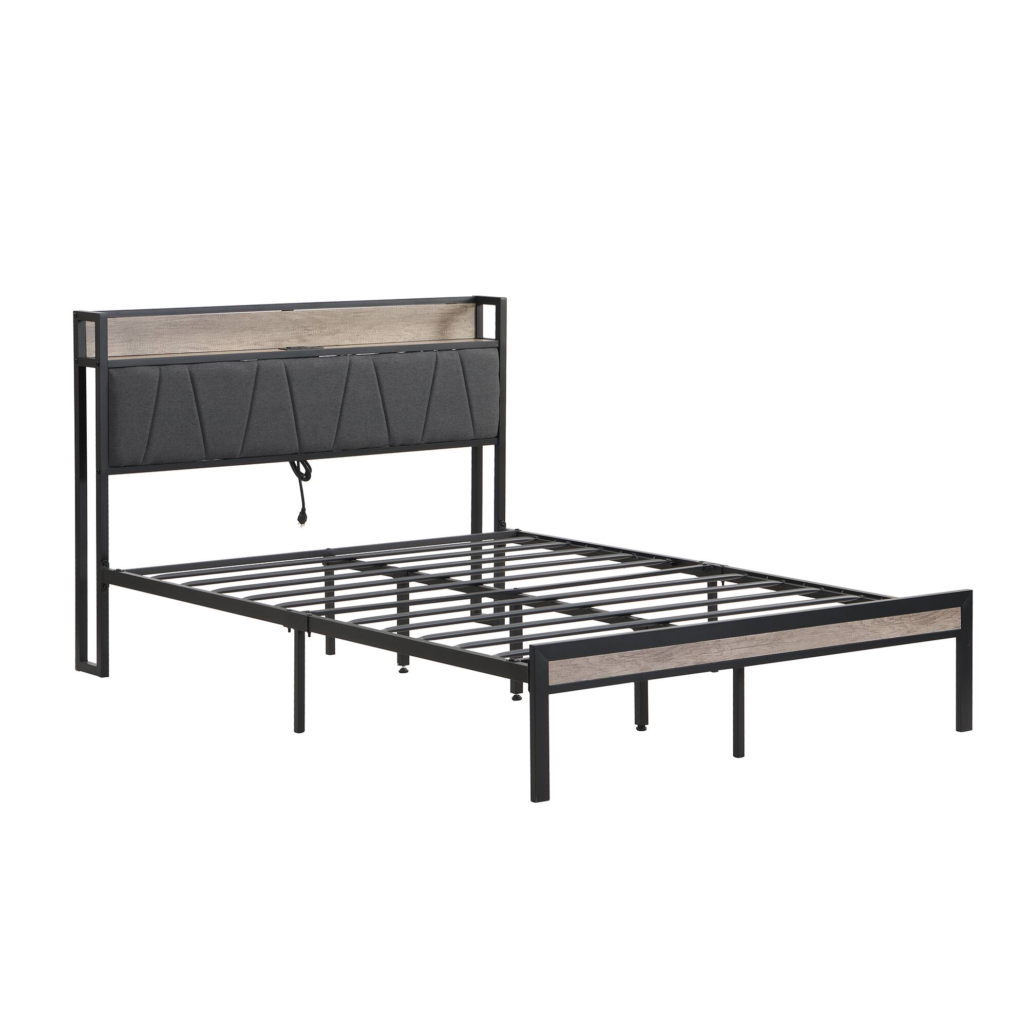 Back. Trinkets Crazed - Full Size Metal Platform Bed Frame with Storage Function Headboard and USB Liner and Footboard, No Box Spring Needed - Black.