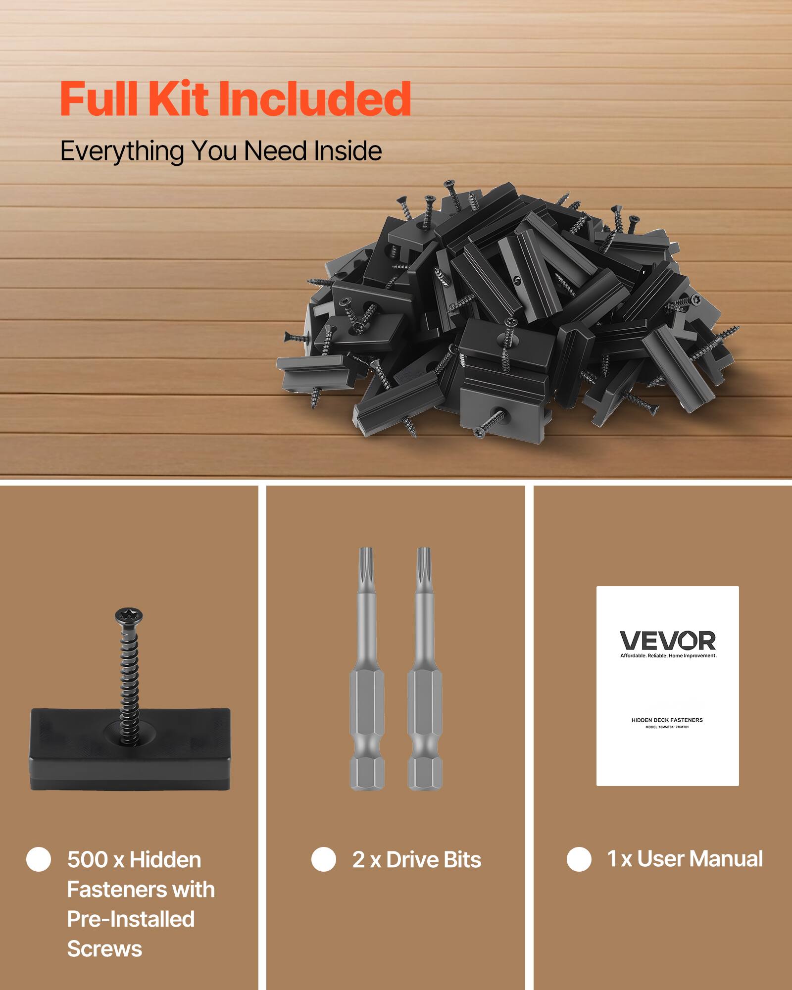 Full Kit Included  
Everything You Need Inside

- 500 x Hidden Fasteners with Pre-Installed Screws
- 2 x Drive Bits
- 1 x User Manual