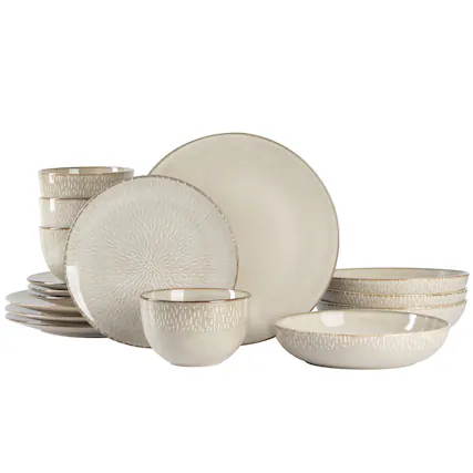 Front. Dazzed Corner - 16 Piece Double Bowl Dinnerware Set, Service for 4 (16pcs) - Taupe.
