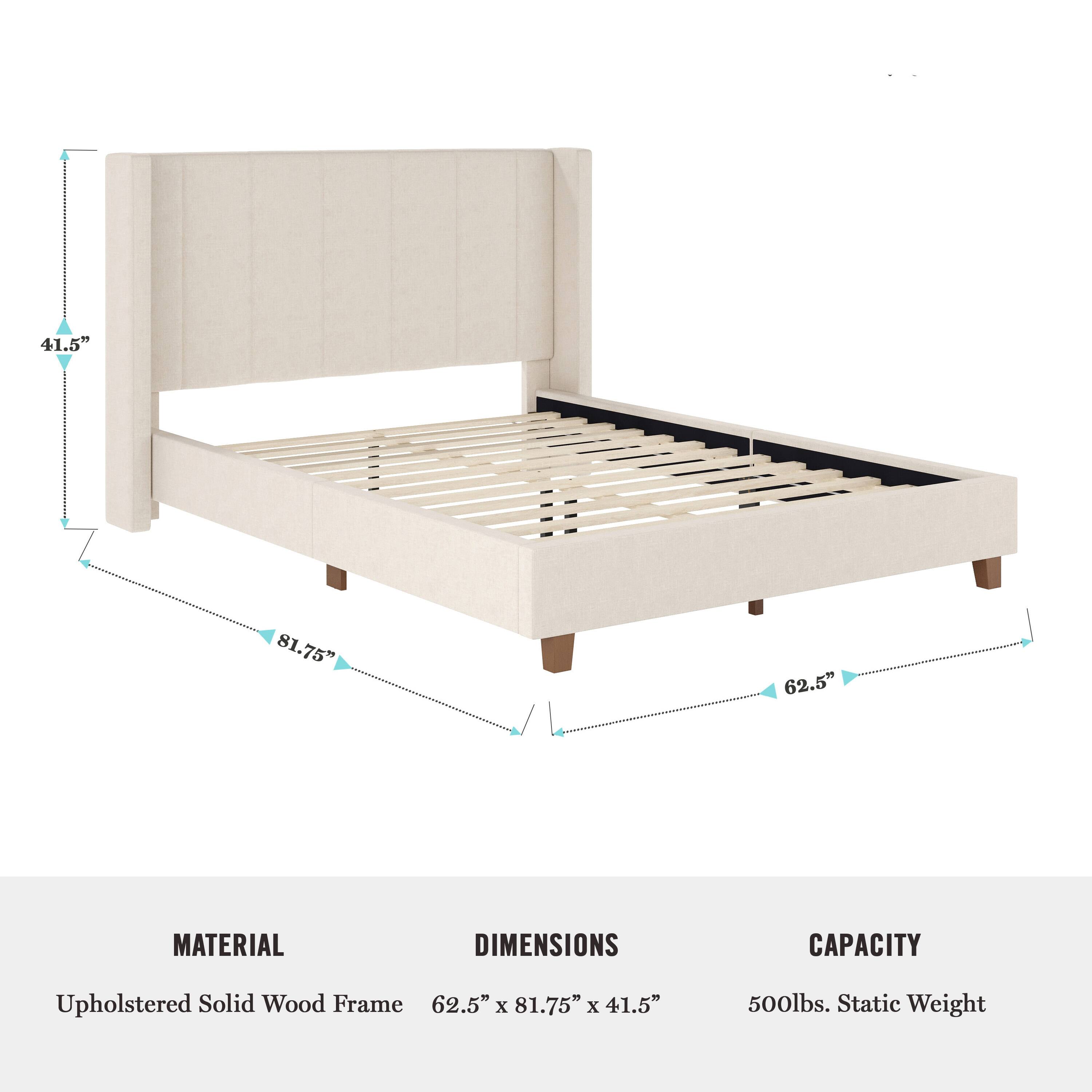 The text on the image is already grouped and correctly written. It reads: "41.5" 81.75" 62.5" MATERIAL DIMENSIONS CAPACITY Upholstered Solid Wood Frame 62.5" x 81.75" x 41.5" 500lbs. Static Weight."