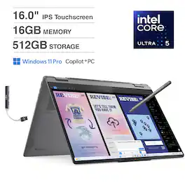 Lenovo - Yoga 2-in-1 Laptop 16.0 WUXGA Display (Intel Ultra 5-226v, 16GB LPDDR5X, 512GB M.2 PCIe SSD, Win 11 Pro) - Luna Grey