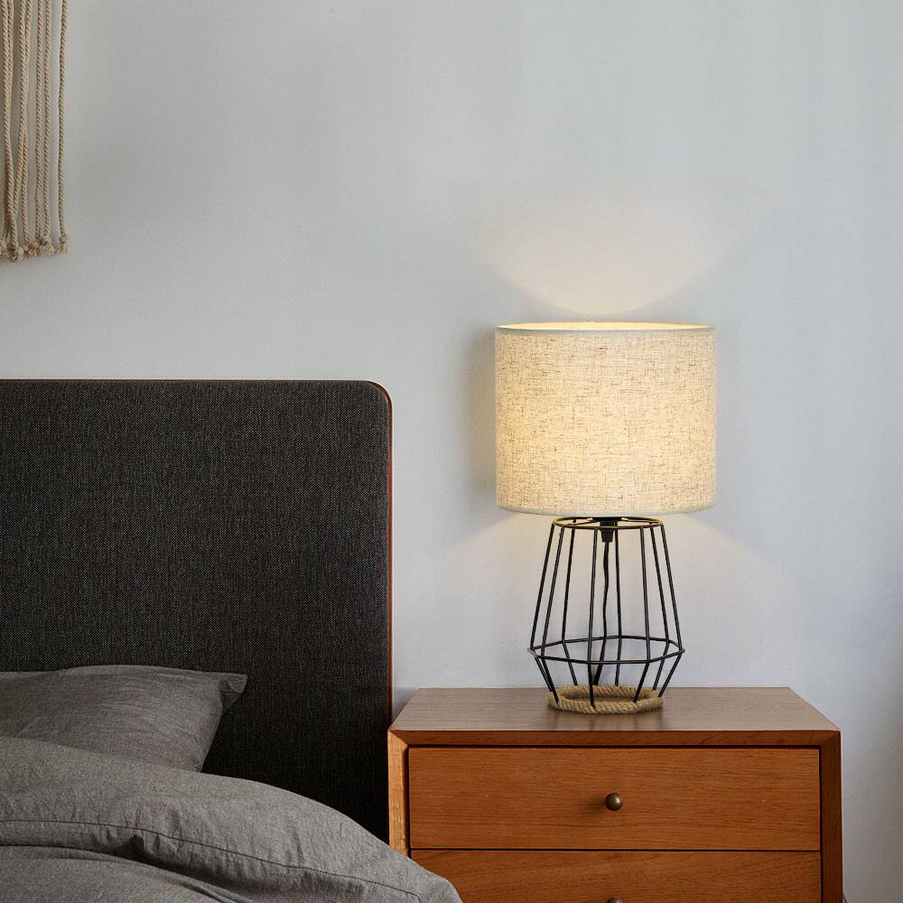 Alt View 1. Oumilen - Black Wire Cage Table Lamp with Beige Fabric Shade & Hemp Rope Base.