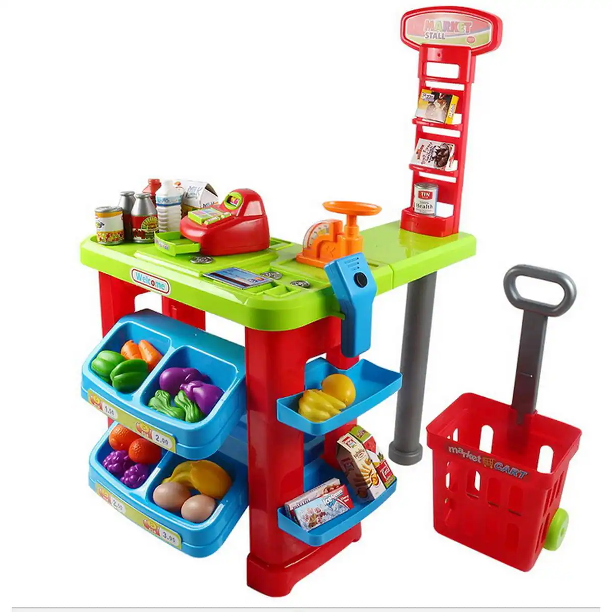 JuzToys - Kids Pretend Play Grocery Store Toy with Light and Sound – Supermarket Cash Register Toy, Scanner, Grocery Cart - Multi