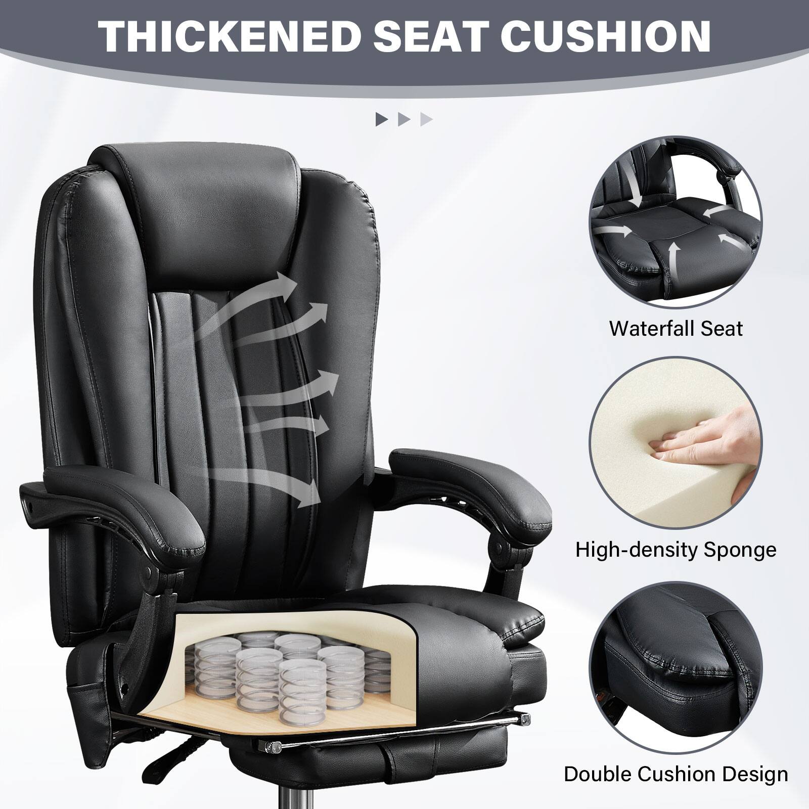 The text on the image can be grouped and corrected as follows:

**Thickened Seat Cushion**

- **Waterfall Seat**
- **High-density Sponge**
- **Double Cushion Design**

This text highlights the features of the chair's seat cushion.