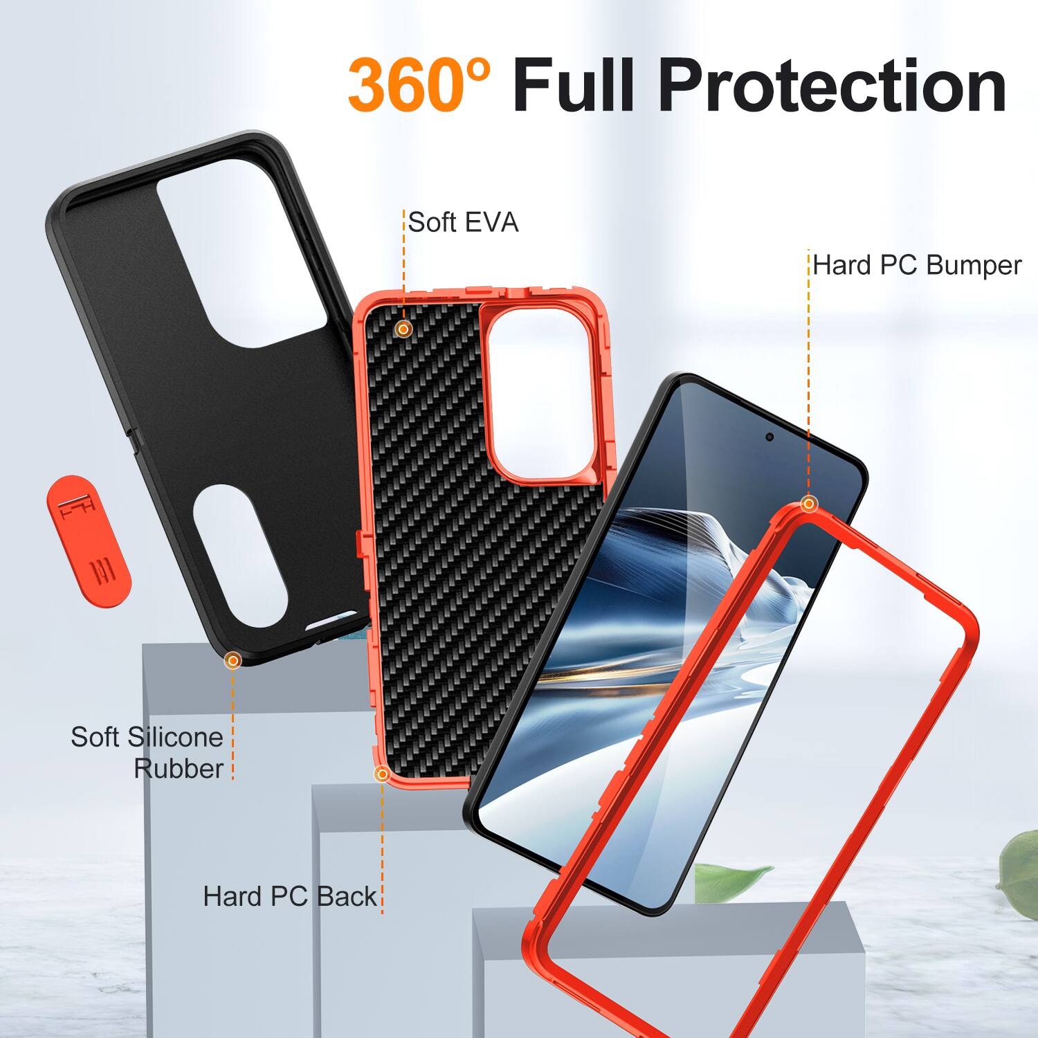 360° Full Protection

- Soft EVA
- Hard PC Bumper
- Soft Silicone Rubber
- Hard PC Back