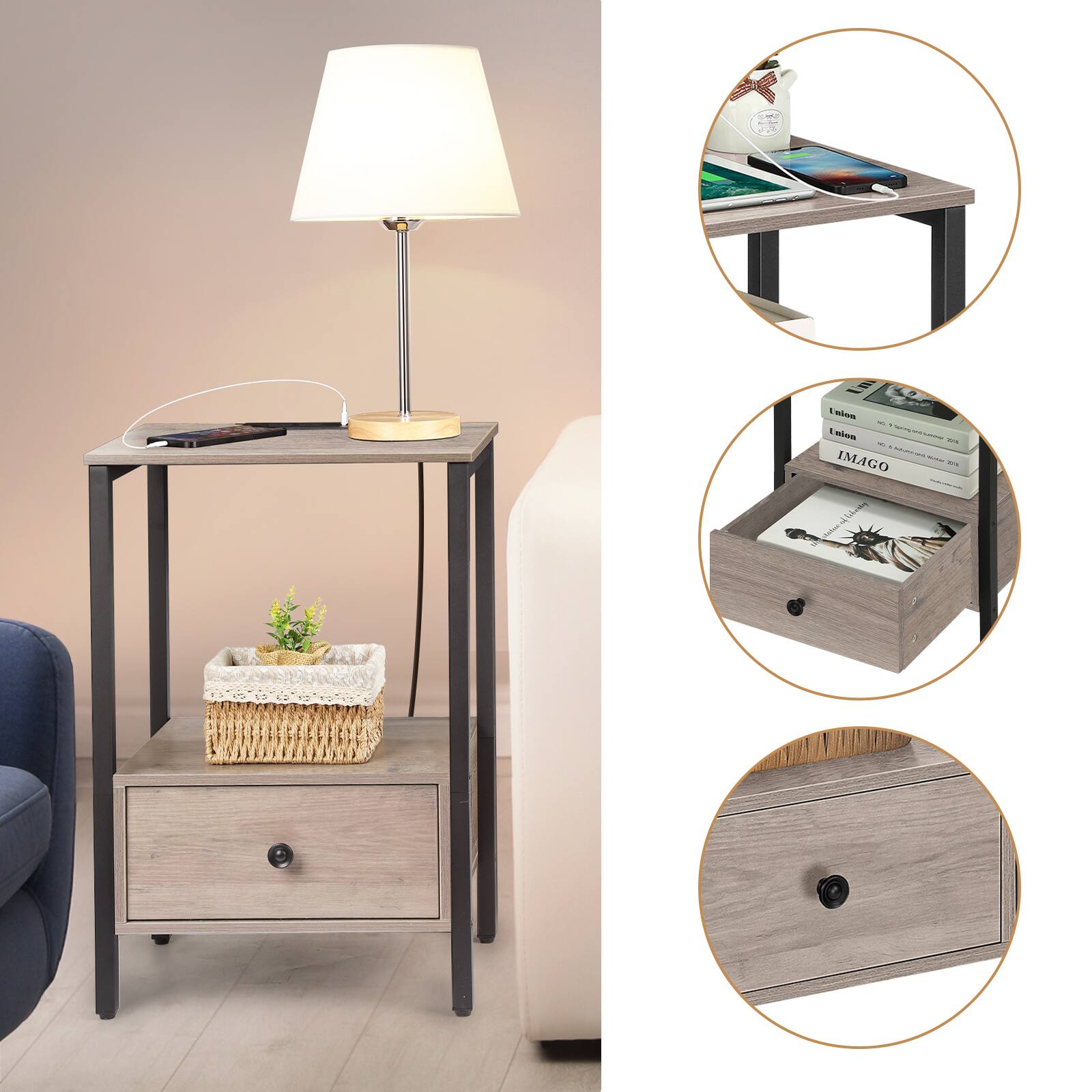 Back. Oumilen - 2-Tier End Table with Fabric Drawer and Built-In Charging Station, Gray - Gray.