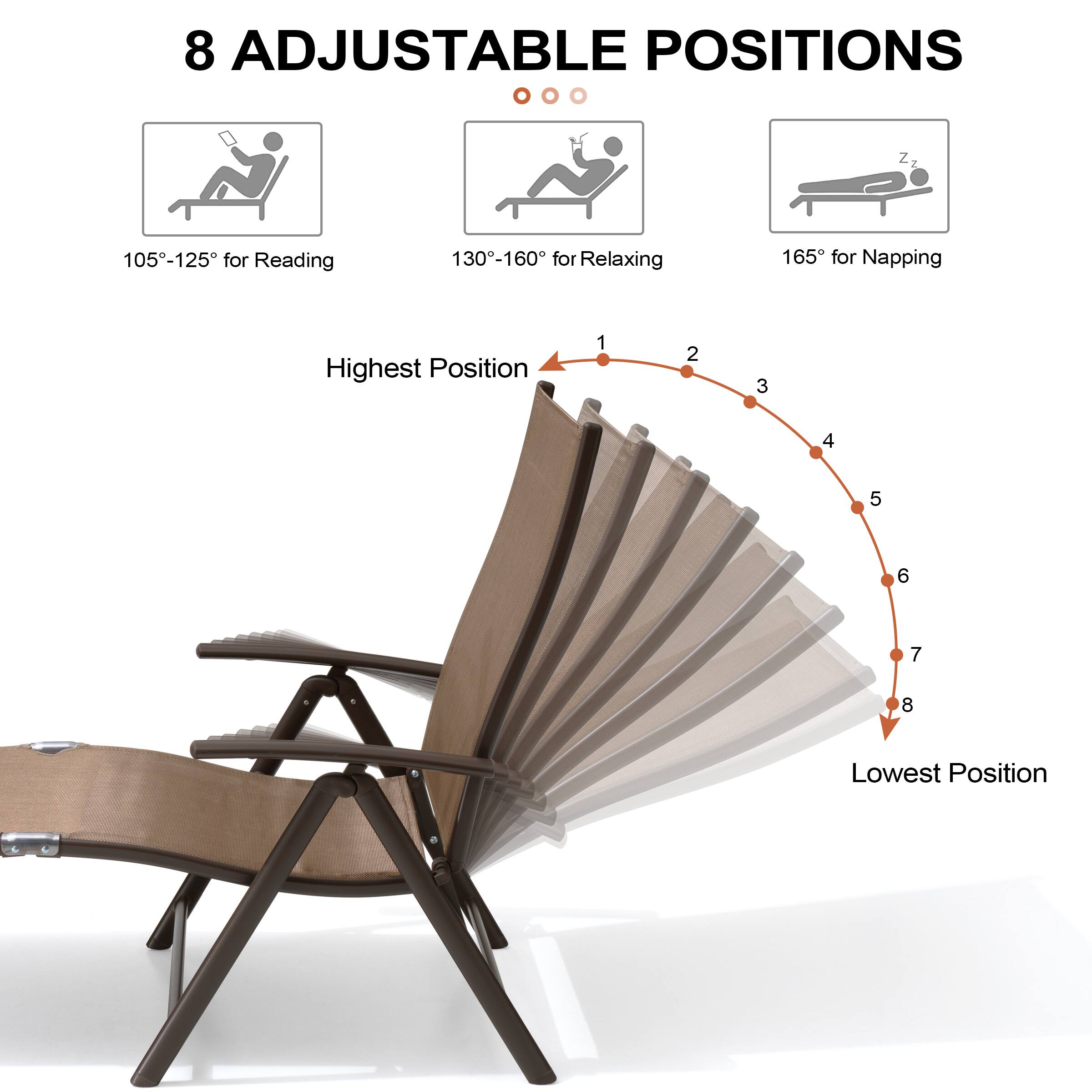 8 Adjustable Positions

105°-125° for Reading  
130°-160° for Relaxing  
165° for Napping  

Highest Position  
1 2 3 4 5 6 7 8  
Lowest Position