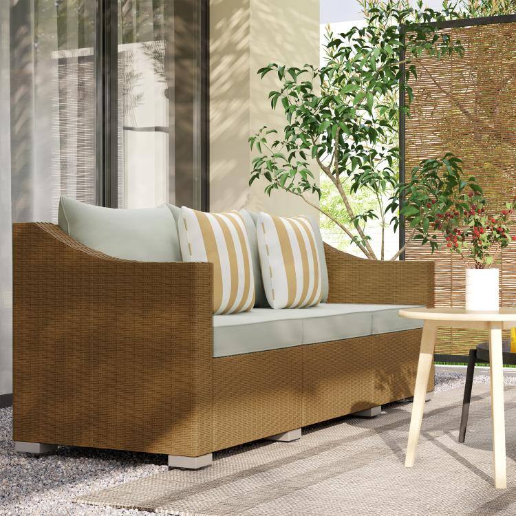 Alt View 1. PULUZ - Rattan Wicker 3 Seater Patio Couch with Cushions, 2 Throw Pillows, Outdoor Furniture Rattan Sofa - Light Gray.