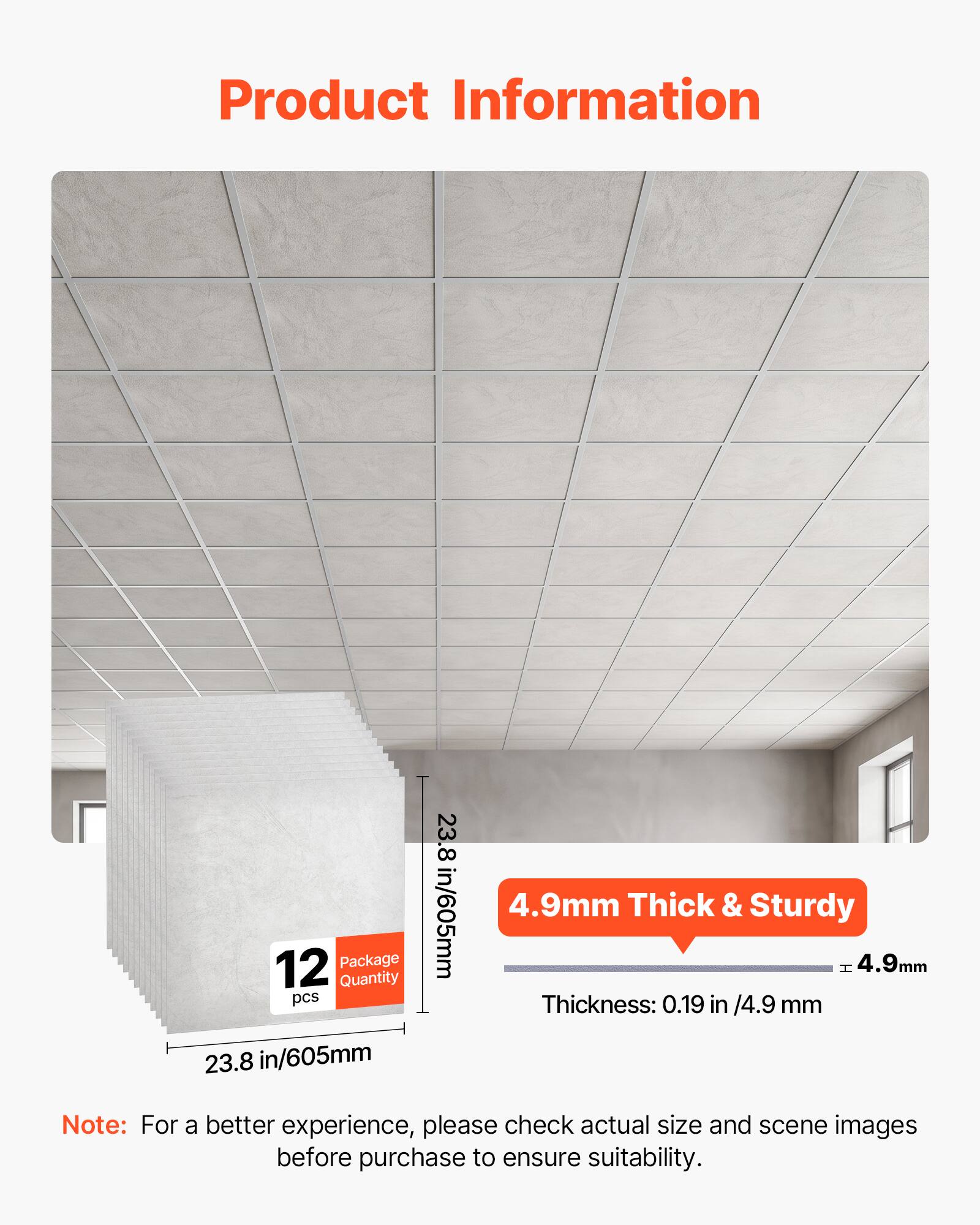 Product Information

- Package Quantity: 12 pcs
- Size: 23.8 in/605mm x 23.8 in/605mm
- Thickness: 4.9mm (0.19 in /4.9 mm)

Note: For a better experience, please check actual size and scene images before purchase to ensure suitability.