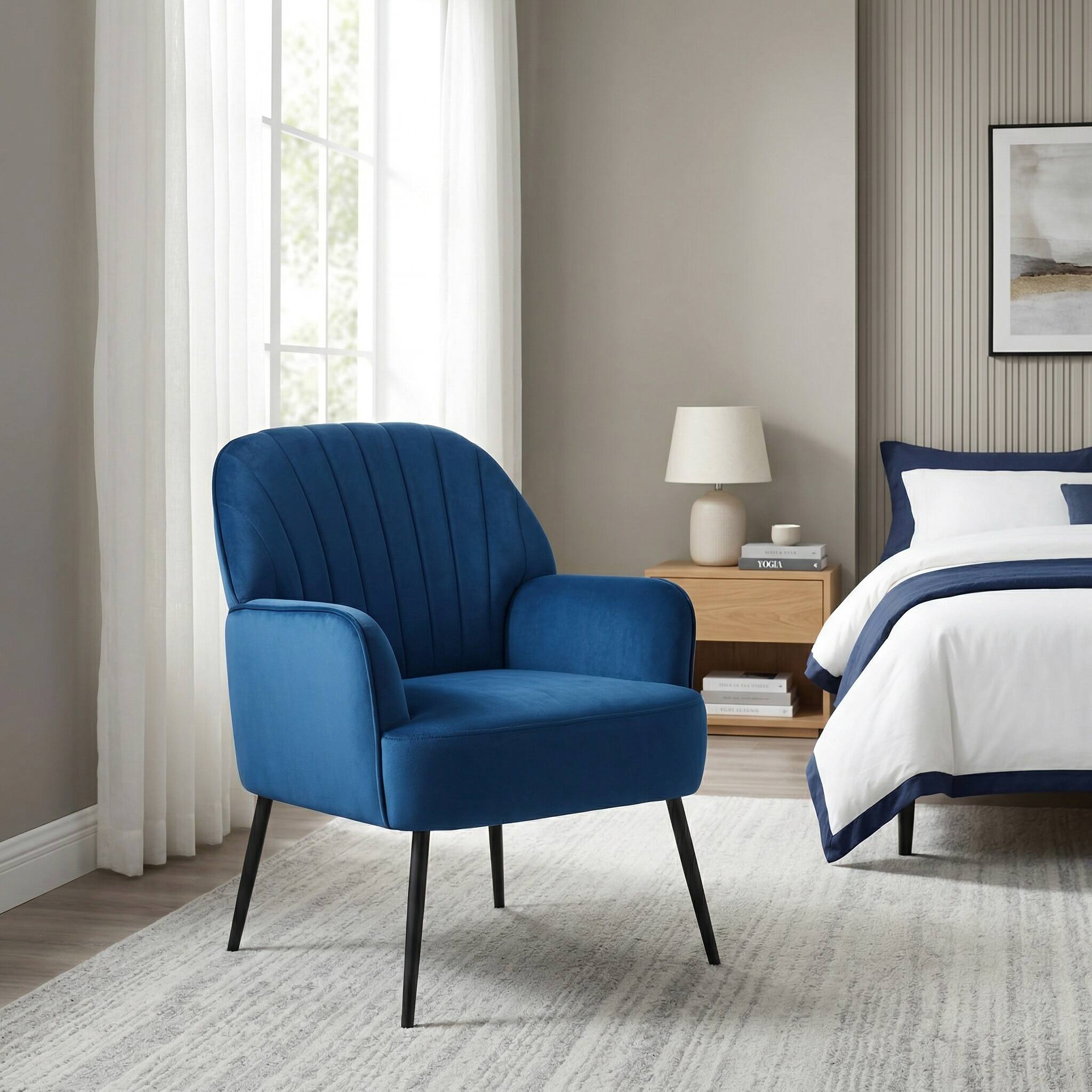 Alt View 5. Forest'nSky - Velvet Accent Chair, Modern Upholstered Barrel Armchair with Metal Legs, Luxury Comfy Single Sofa,Blue - Blue.