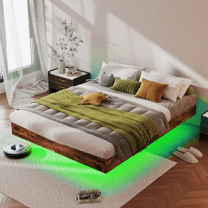 Front. LUCKY ONE - King Size Floating Bed Frame with LED Lights - Brown.