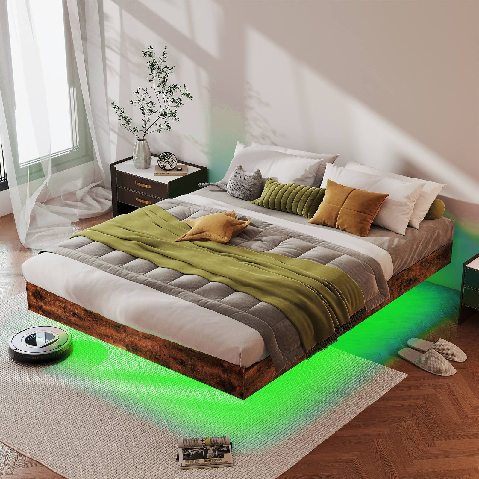 Front. LUCKY ONE - King Size Floating Bed Frame with LED Lights - Brown.