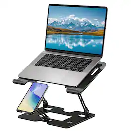 HongFei - Ergonomic Adjustable 2-in-1 Laptop Stand with Phone Holder, Laptop Riser for Desk, Computer Stand, Sturdy and Portable - Black