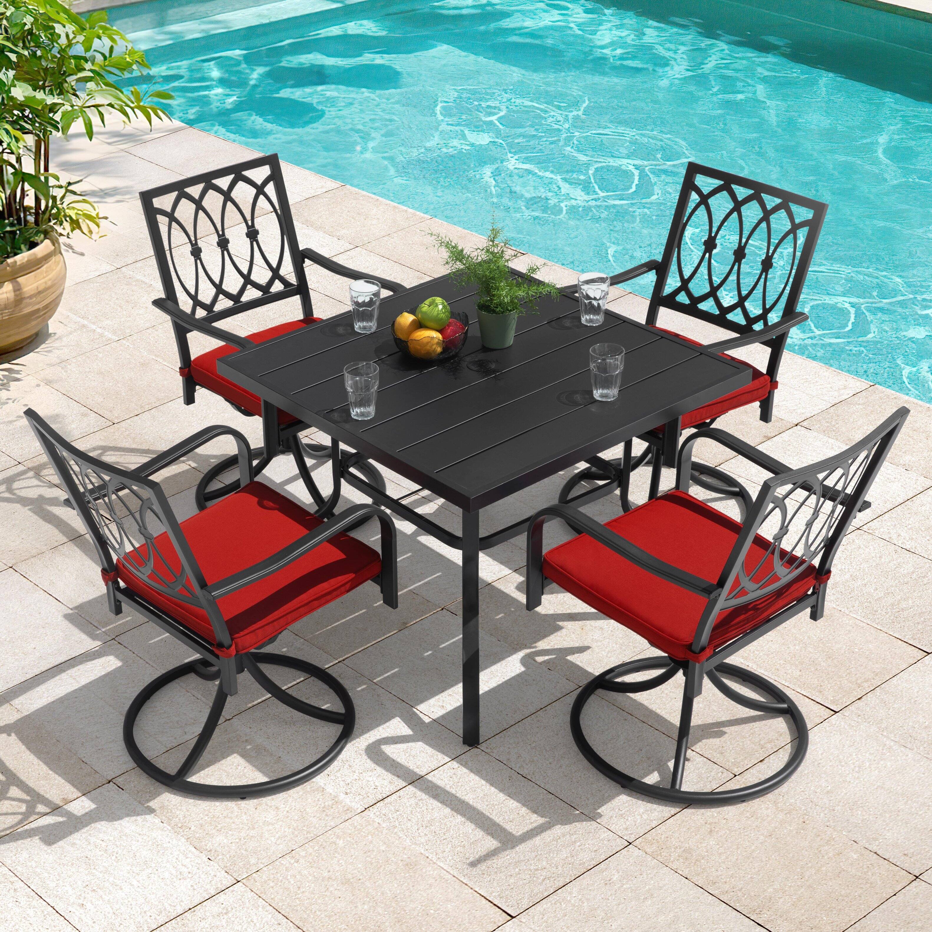 Left. Nuu Garden - 5-Piece Metal Outdoor Dining Set with Umbrella Hole and 4 Swivel Chairs - Black and Red.