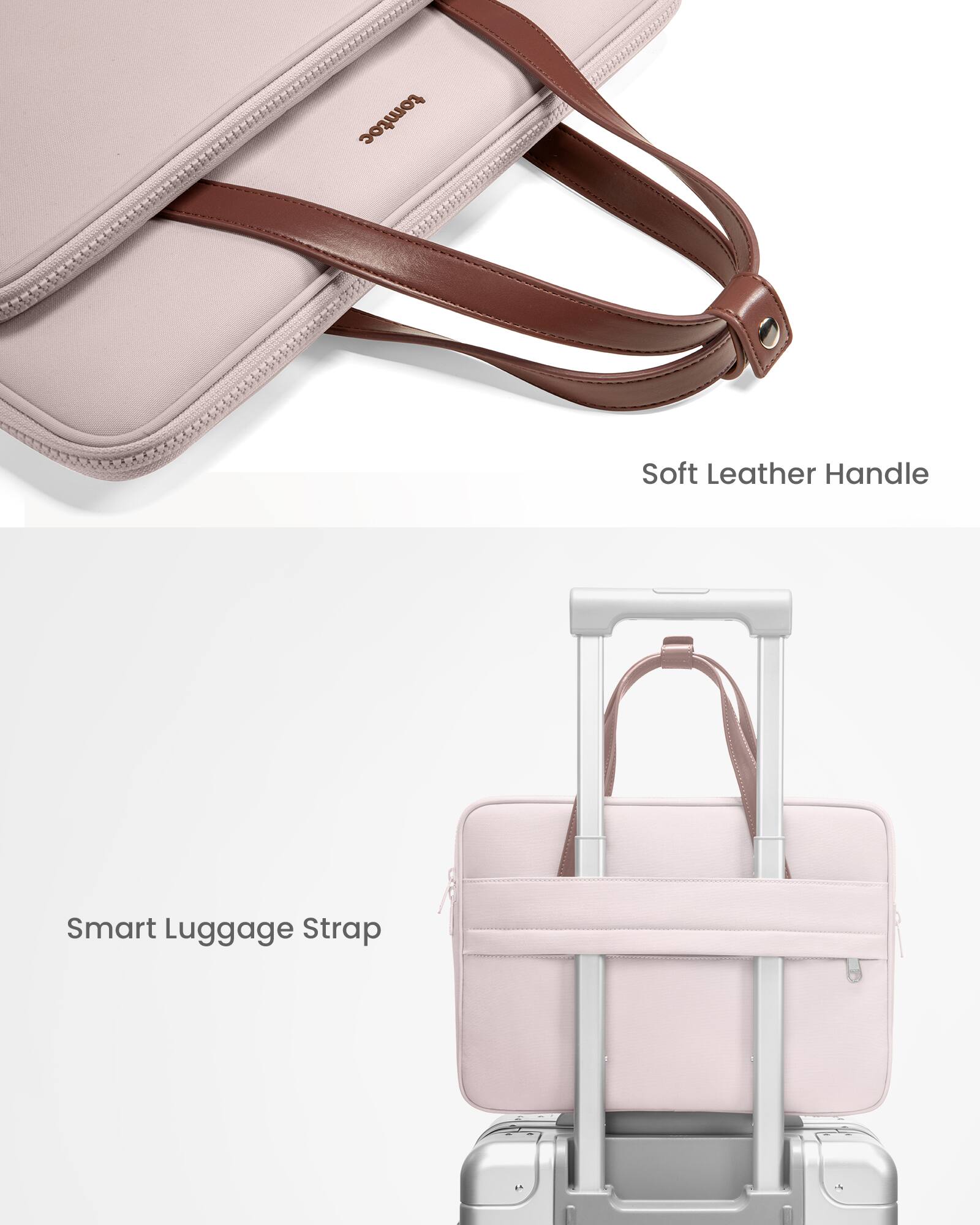 The text on the image reads:
1. Soft Leather Handle
2. Smart Luggage Strap
These are the two descriptions provided for the pink luggage in the image.