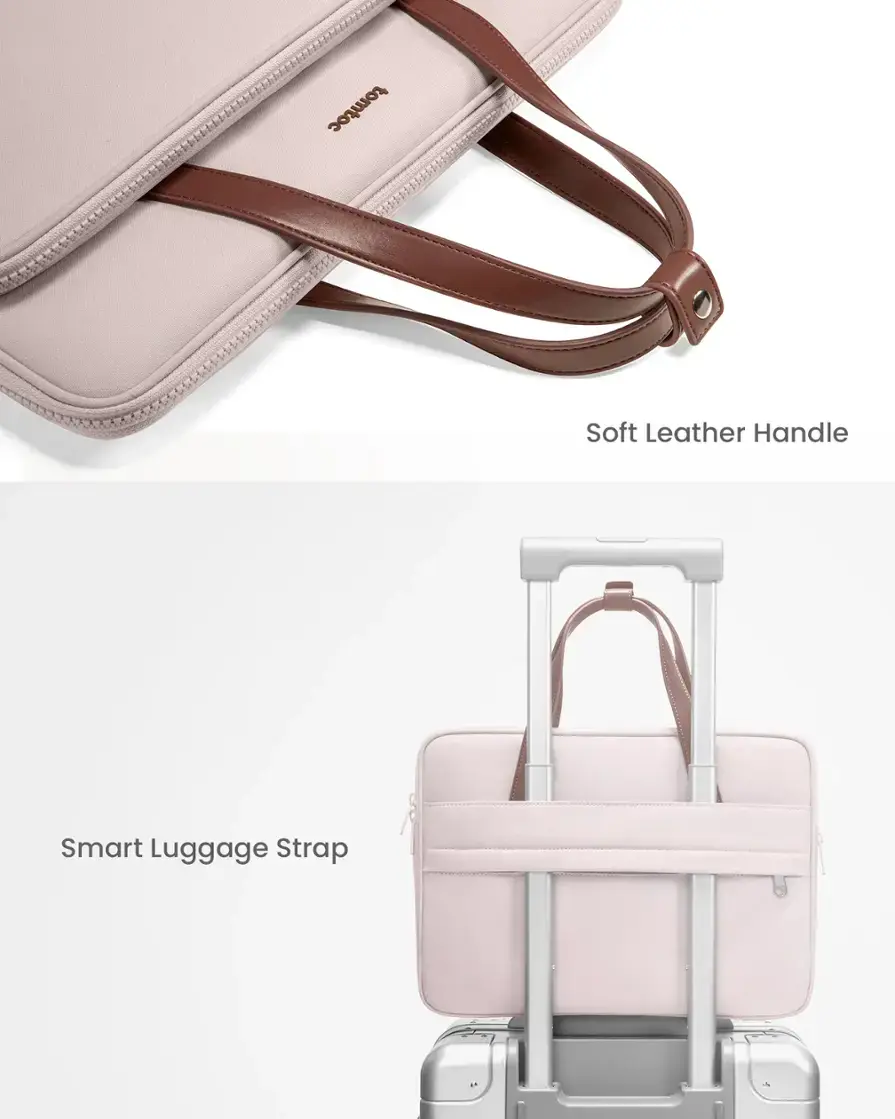 The text on the image reads:

1. Soft Leather Handle
2. Smart Luggage Strap

These are the two descriptions provided for the pink luggage in the image.