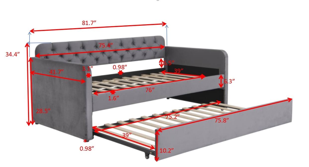 Sure, here is the corrected and grouped text from the image:

- **Overall Dimensions:**
  - Length: 81.7"
  - Height: 34.4"
  - Depth: 41.7"

- **Headboard:**
  - Height: 75.4"
  - Depth: 3.1"

- **Frame:**
  - Height: 5.5"
  - Depth: 39"

- **Base:**
  - Height: 0.98"
  - Width: 76"
  - Depth: 39"
  - Height: 1.6"

- **Trundle:**
  - Length: 75.2"
  - Width: 75.8"
  - Height: 10.2"
  - Depth: 28.5"
  - Height: 0.98"