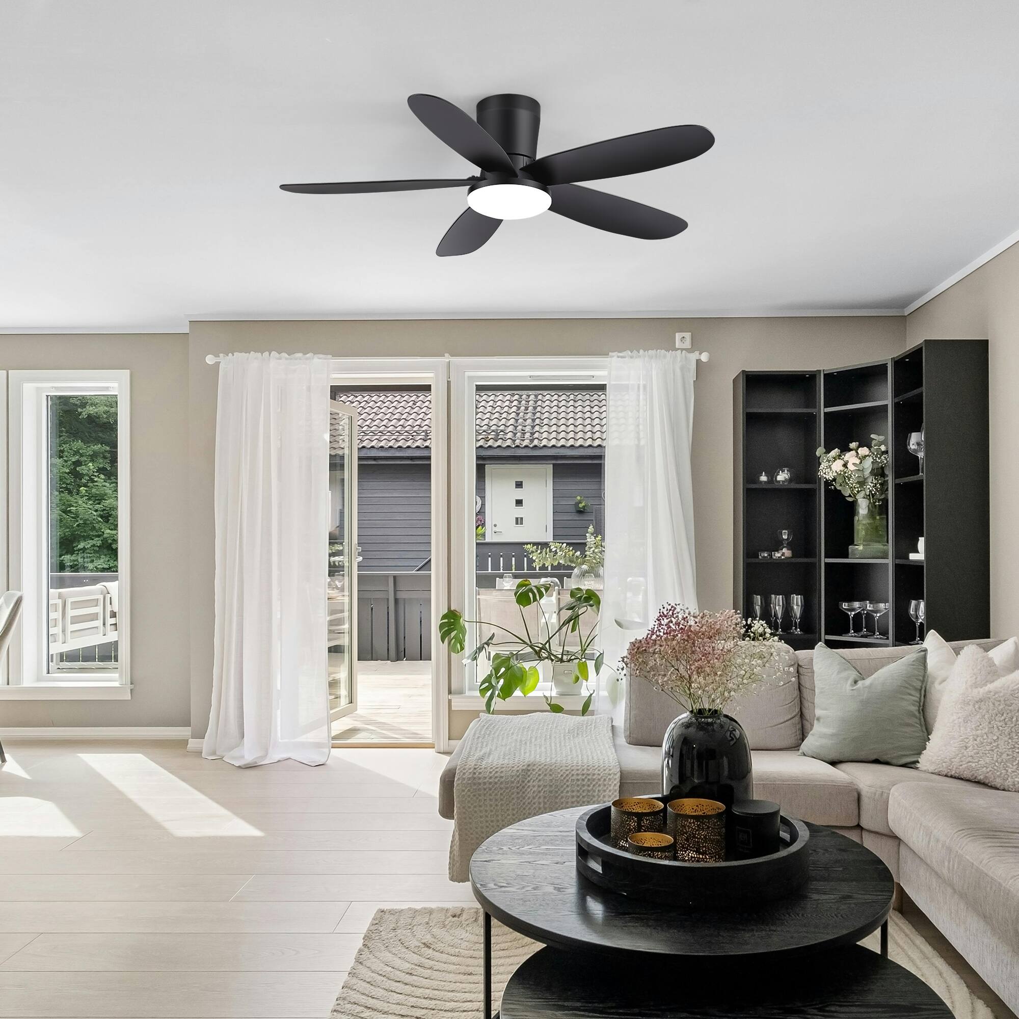Left. Breezary - 42-Inch Modern Ceiling Fan with Acrylic Shade, Dimmable LED Light, 3 CCT, 6-Speed Remote, Timer, Flush Mount, ABS Blades - 42-Inch Black Ceiling Fan.