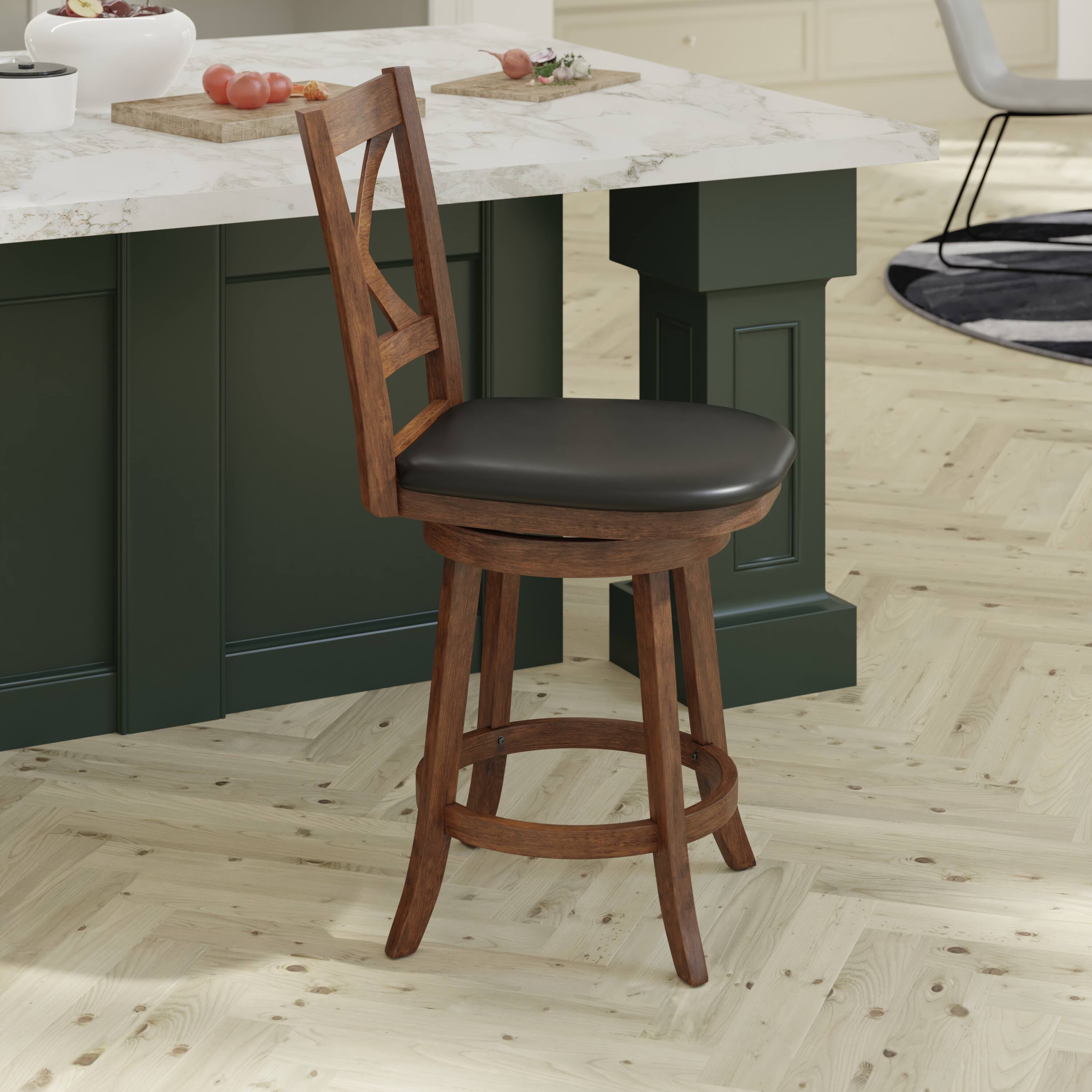 Alt View 3. Emma + Oliver - Luc Wooden Crossback Pub Style Barstool with Padded Faux Leather Swivel Seat - Black Vinyl/Antique Oak Frame.