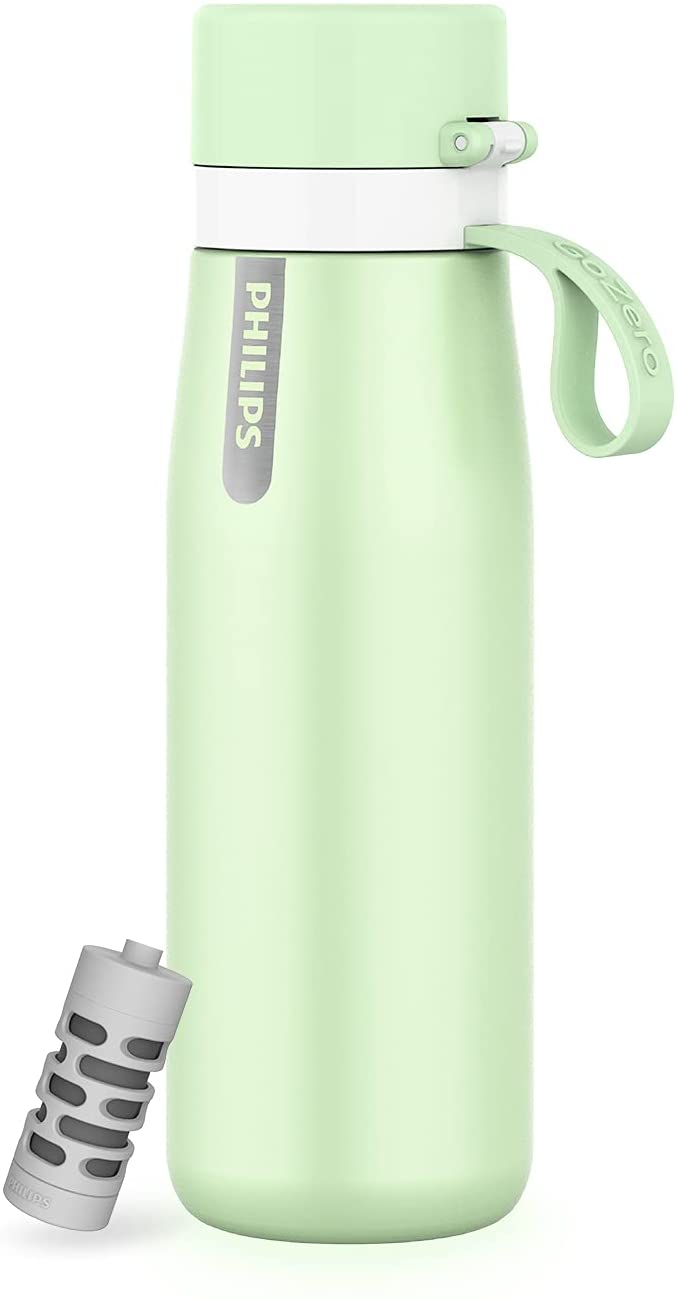 Angle. Philips - Water GoZero Everyday Insulated Stainless Steel Water Bottle with Filter, 18.6oz - Green.