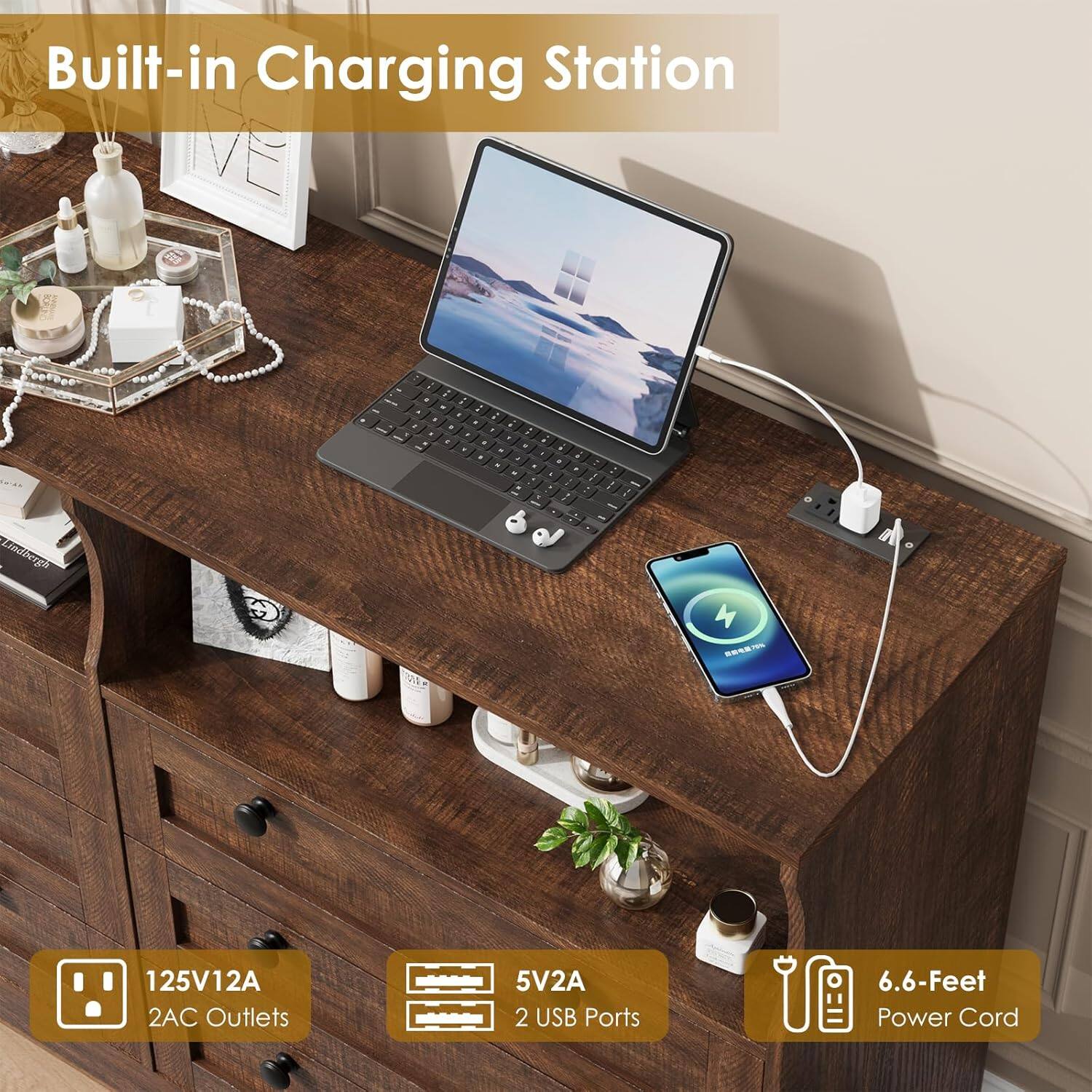 Built-in Charging Station

125V12A 2AC Outlets

5V2A 2 USB Ports

6.6-Feet Power Cord