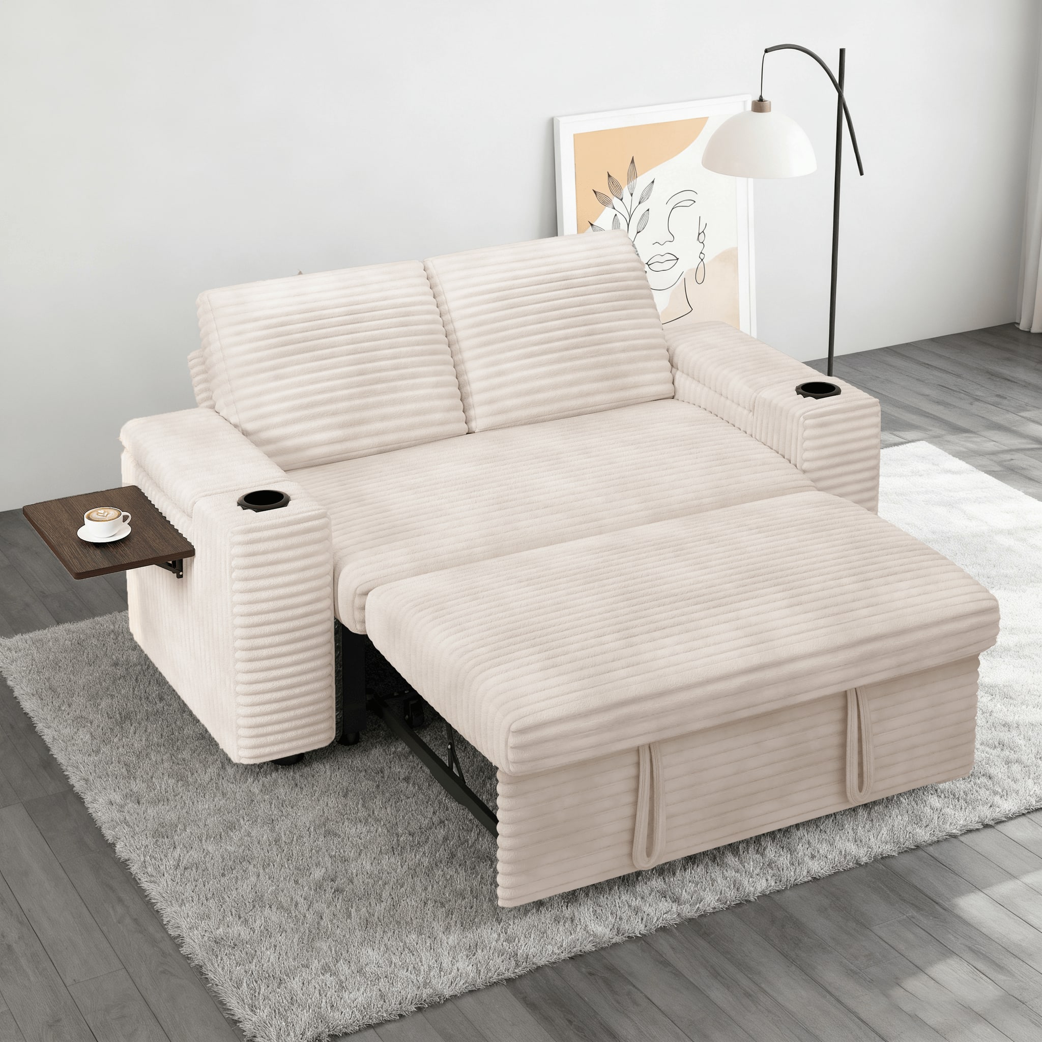 Vipbear - 65.5" Corduroy Sofa Adjustable Backrest with Hidden Storage Box, Side Storage Bag USB Charging Side Table &Cup Holder - Beige