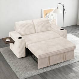 Vipbear - 65.5" Corduroy Sofa Adjustable Backrest with Hidden Storage Box, Side Storage Bag USB Charging Side Table &Cup Holder - Beige