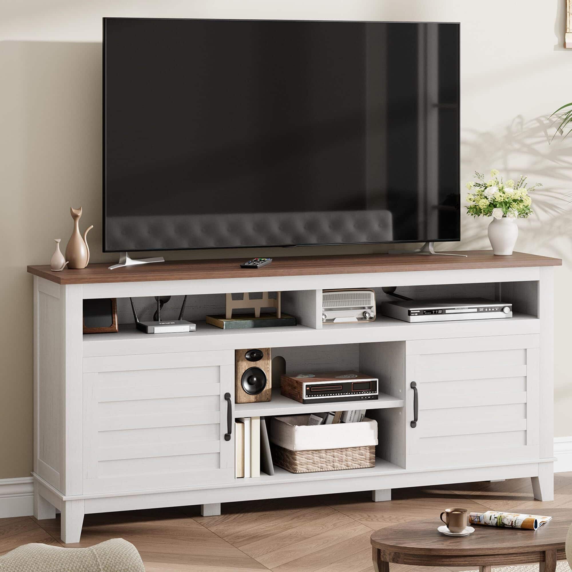 Acekool - TV Stand for 63 in, Entertainment Center with Adjustable Shelves - White