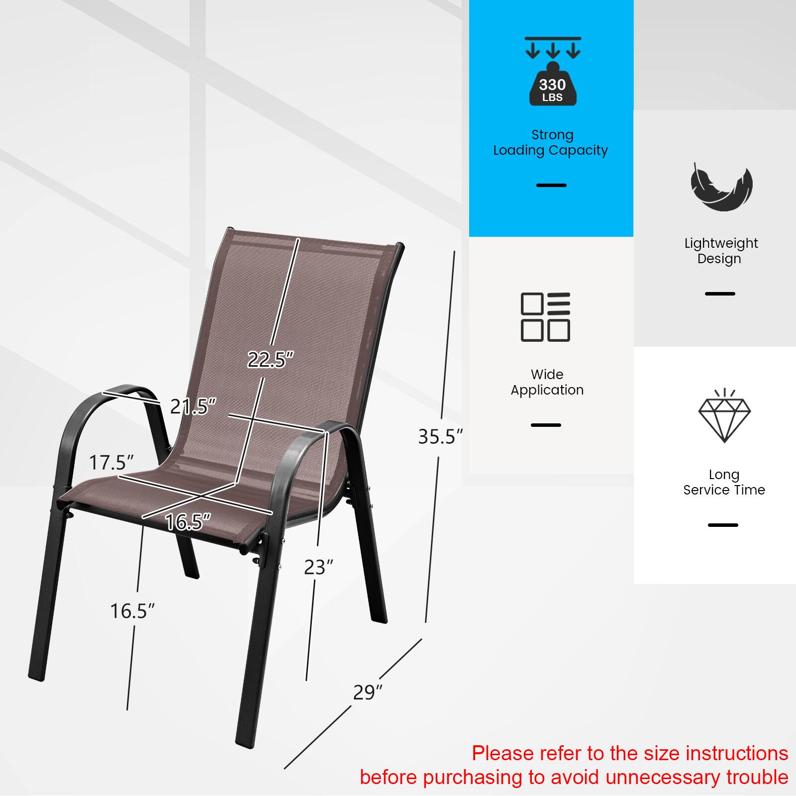 330 LBS Strong Loading Capacity, Lightweight Design - 17.5" x 21.5" x 22.5" x 35.5" Wide Application - Long Service Time. Dimensions: 16.5" x 23" x 29". Please refer to the size instructions before purchasing to avoid unnecessary trouble.