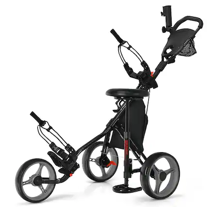 Front. Costway - Costway Folding 3 Wheels Golf Push Cart W/Seat Scoreboard Adjustable Handle - Grey.