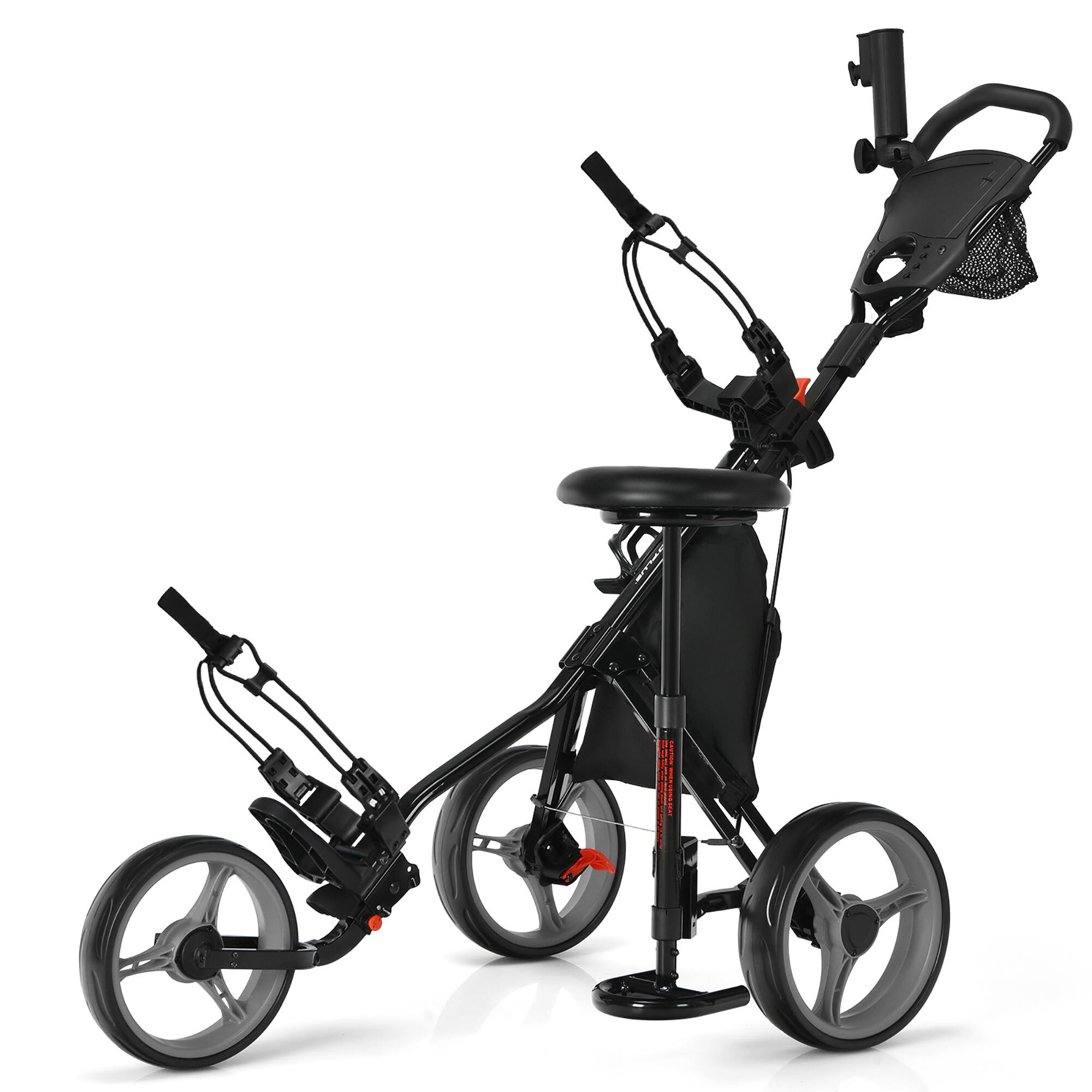Front. Costway - Costway Folding 3 Wheels Golf Push Cart W/Seat Scoreboard Adjustable Handle - Grey.