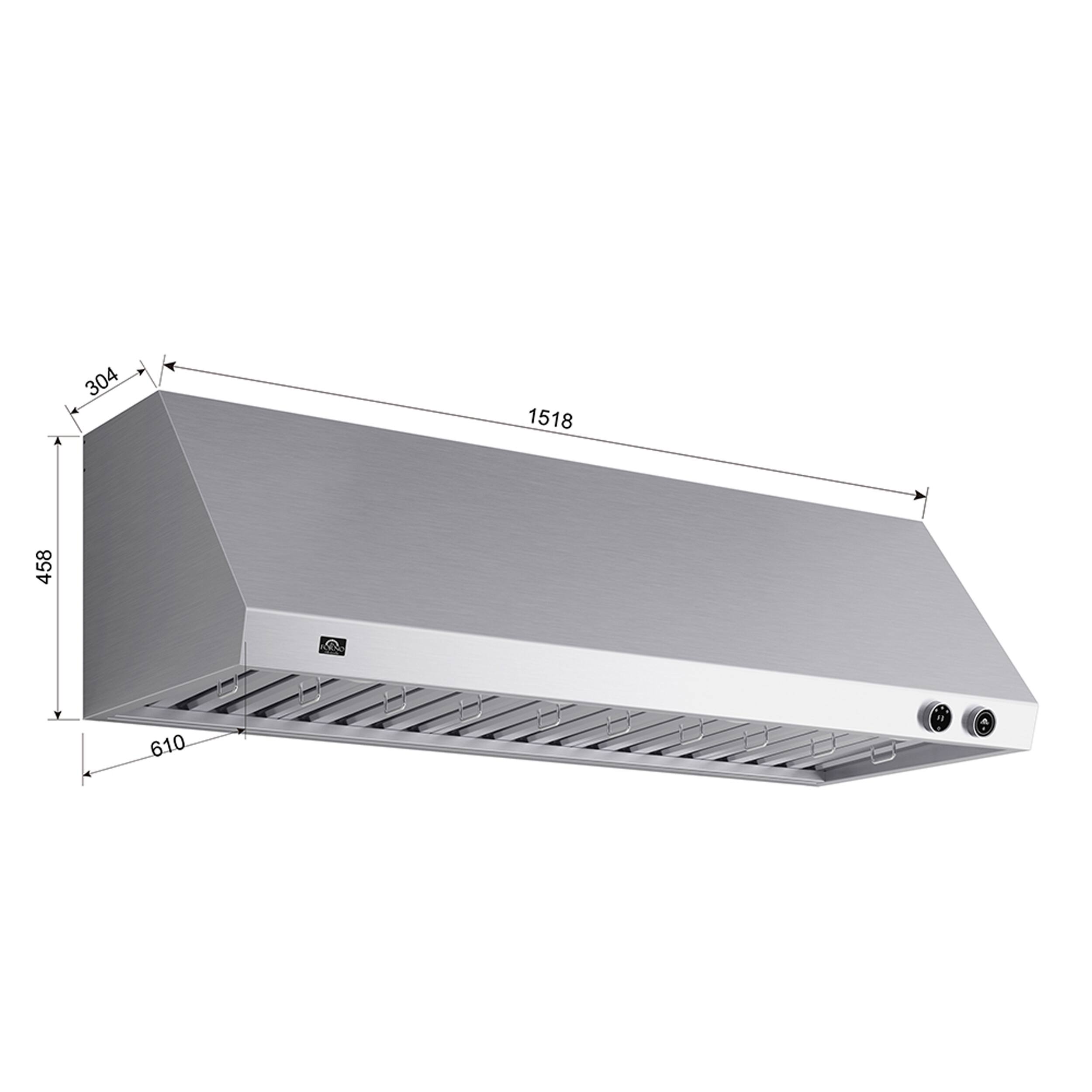 The text on the image reads "304 1518 458 Os Y 610." This is a description of a stainless steel vent hood, which includes the dimensions and materials used. The dimensions are 1518mm x 458mm, and the vent hood is made of stainless steel.