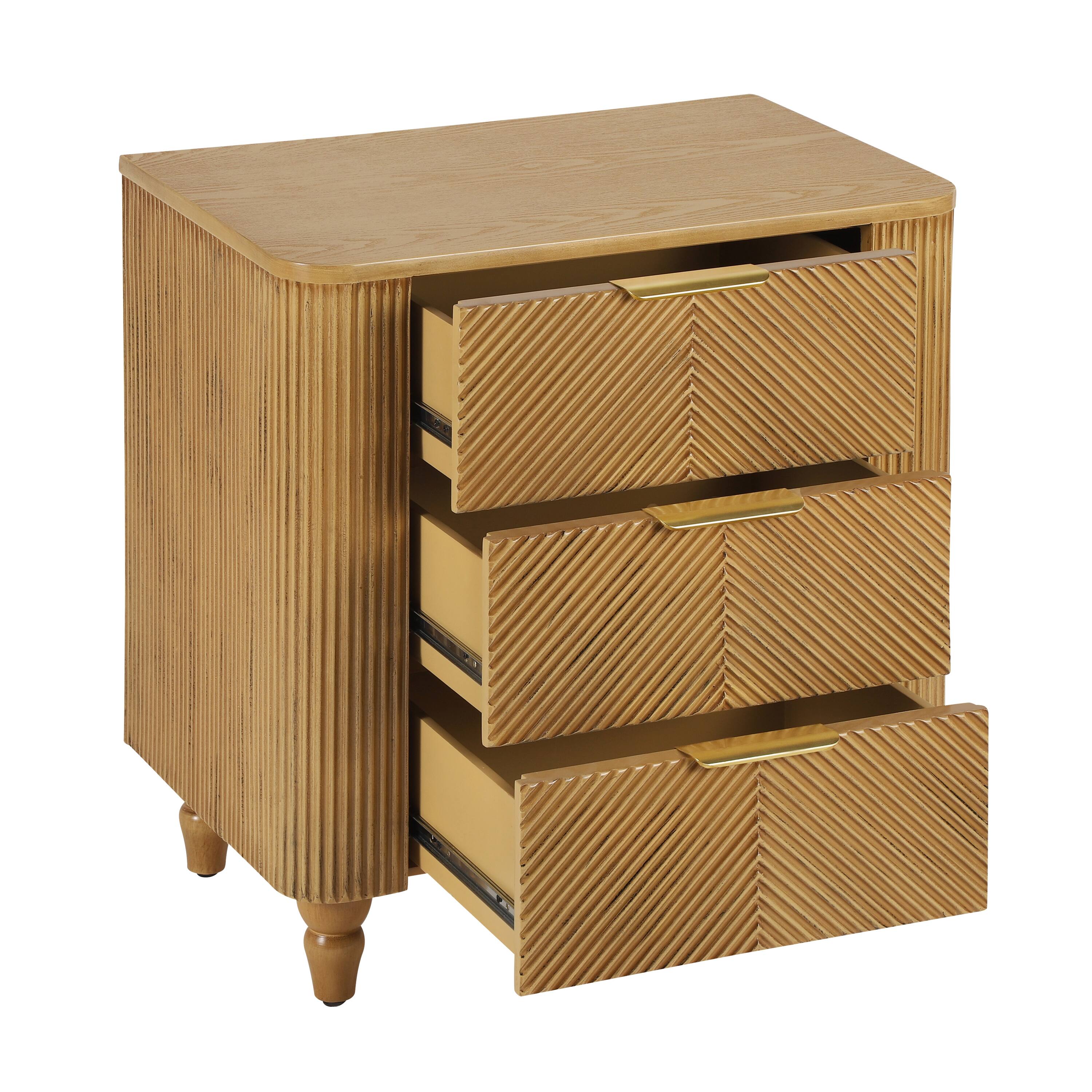 Back. Whisen - Mid-Century Fluted 3-Drawer Nightstand,Bedside Table with Curved Profile and Gold Glossy Handles - Natural.