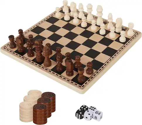 Front. GSE Games & Sports Expert - 10-Inch Wooden 3-in-1 Travel Size Chess Checkers Backgammon Board Game Combo Set for Kids & Adults.