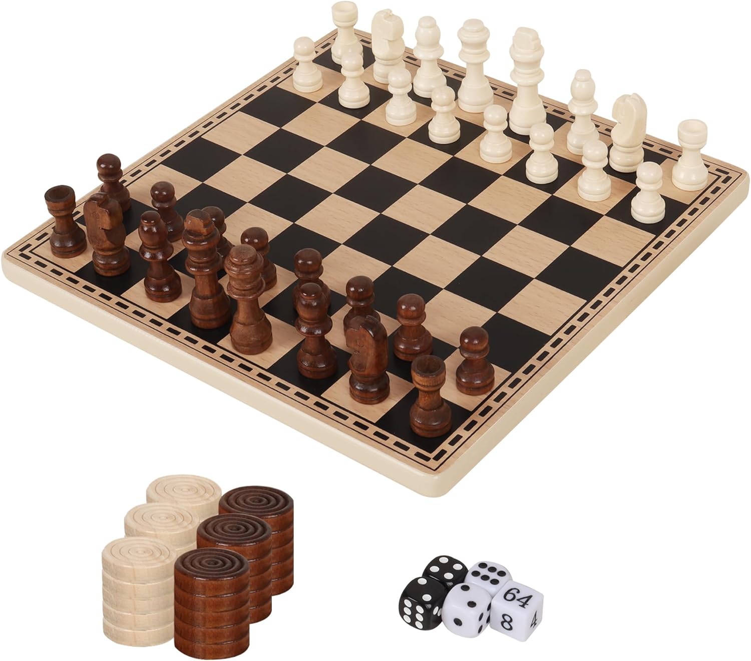 Front. GSE Games & Sports Expert - 10-Inch Wooden 3-in-1 Travel Size Chess Checkers Backgammon Board Game Combo Set for Kids & Adults.