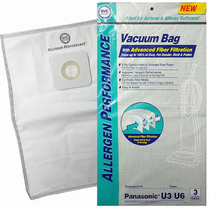 DVC BRANG ALLERGEN PERFORMANCE" DVC NEW BRAND Ideal for Asthma & Allergy Sufferers! Vacuum Bag With Advanced Fiber Filtration Traps up to 100% of Dust, Pet Dander, Mold & Pollen 3-Ply Construction is Stronger than Paper Will Not Tear During Use Improved Vacuum Performance Minimizes Loss of Suction as the Bag Fills PERFORMANCE Synthetic Wi Easy Not to Support Install Filter Growth Media of Mold Fungus, Bacteria Advanced Fiber Filtration Keeps Dirt & Dust in the Bag ALLERGEN Designed to Fit Types 3 Panasonic U3 U6 BAGS DISPOSABLE