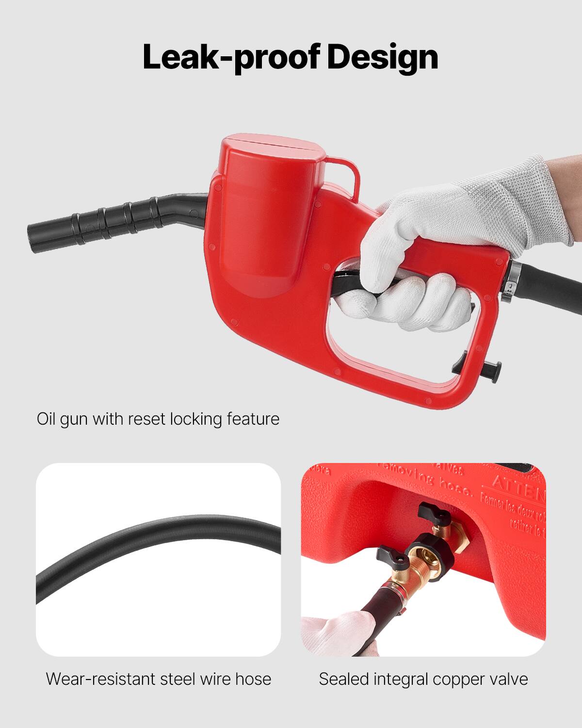 Leak-proof Design, Oil gun with reset locking feature, Wear-resistant steel wire hose, Sealed integral copper valve