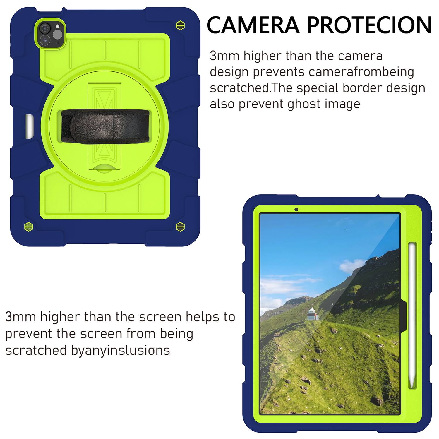 CAMERA PROTECION  
3mm higher than the camera design prevents camera from being scratched. The special border design also prevents ghost image.  

3mm higher than the screen helps to prevent the screen from being scratched by any inclusions.